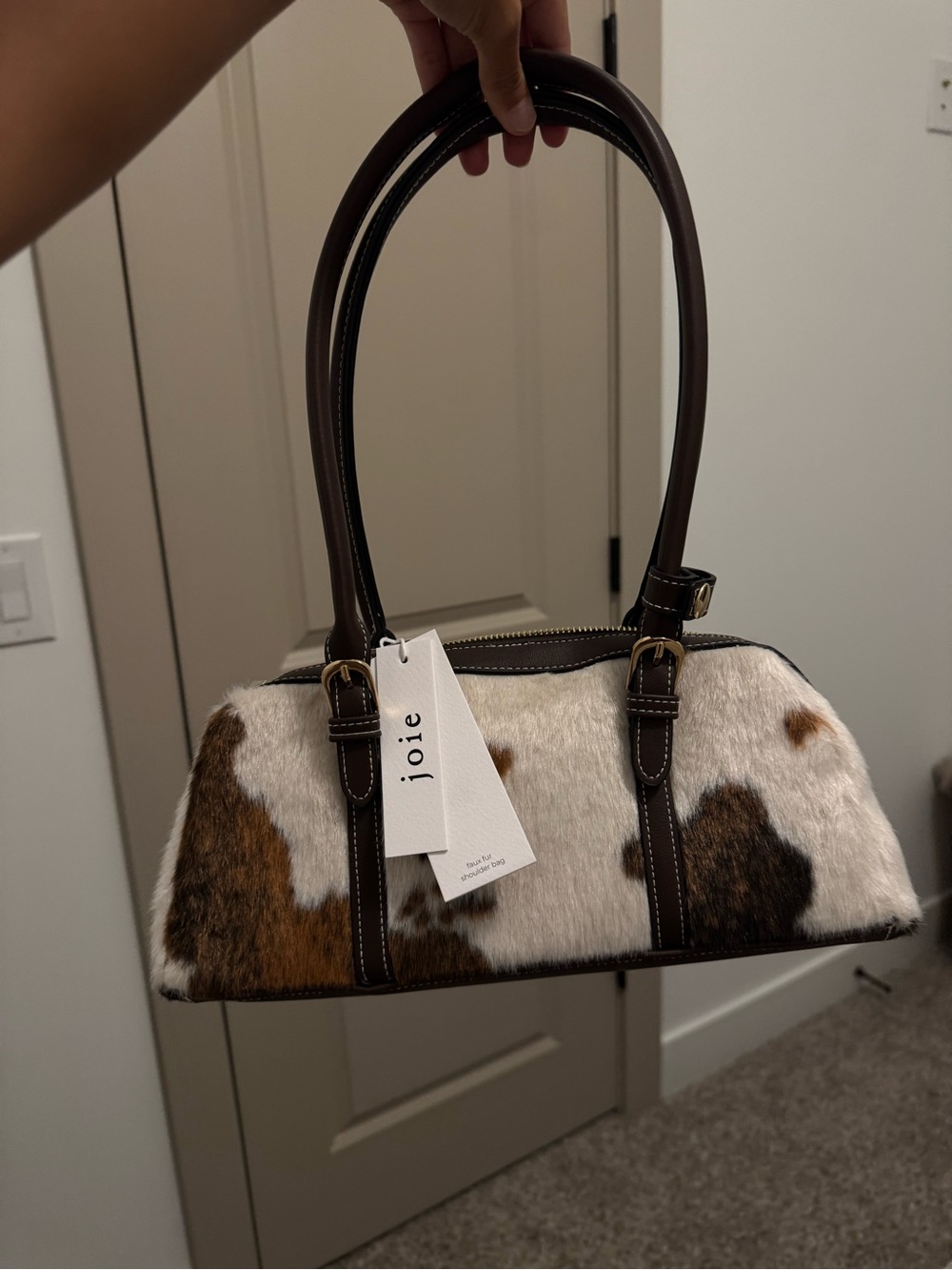 Joie Brown & White Cowhide Shoulder Bag with Dark Leather Trim